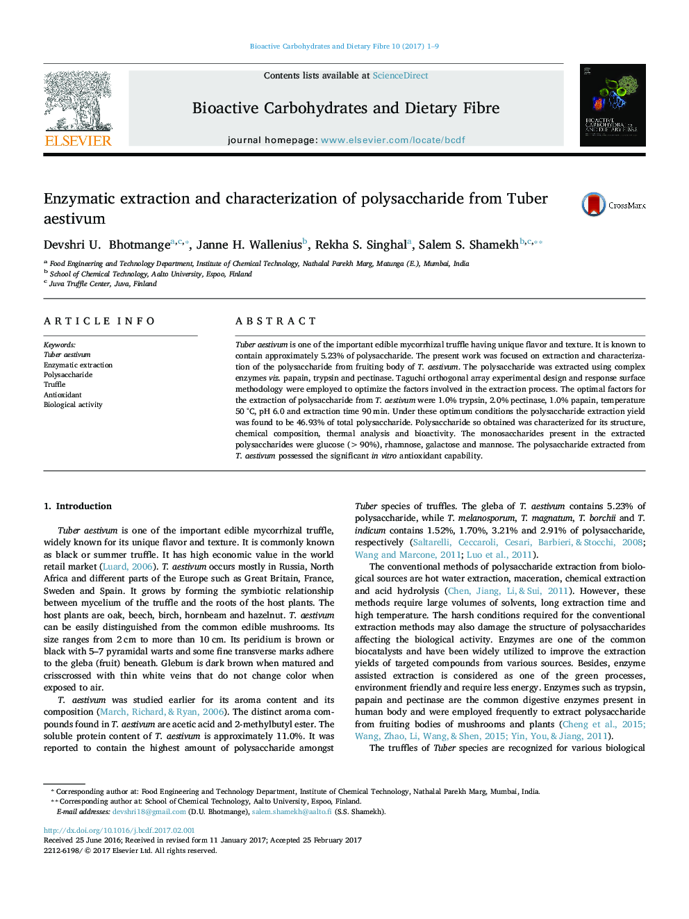 Enzymatic extraction and characterization of polysaccharide from Tuber aestivum