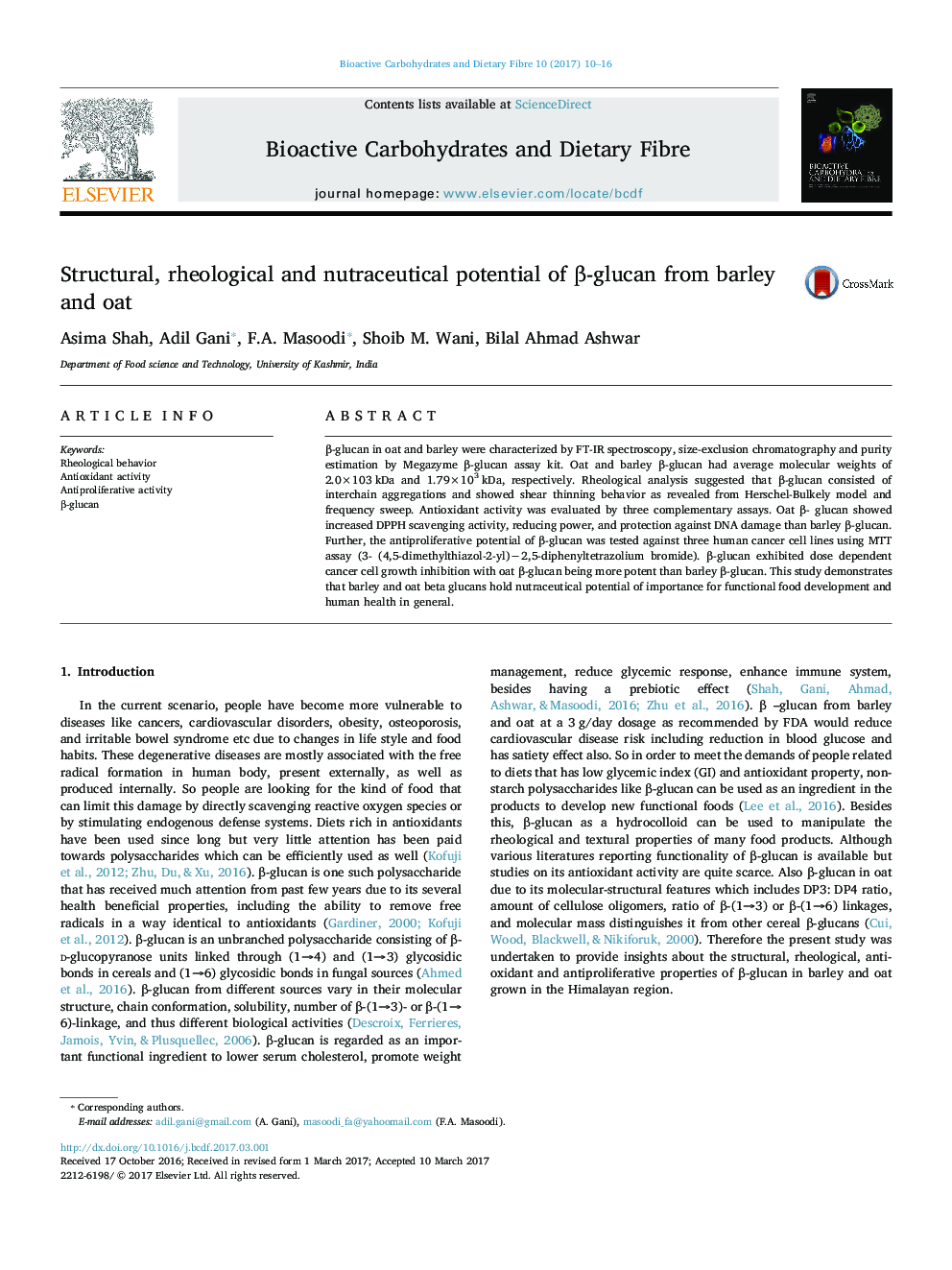 Structural, rheological and nutraceutical potential of Î²-glucan from barley and oat