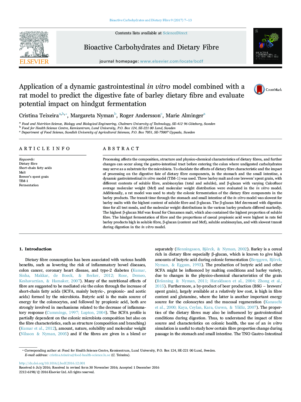 Application of a dynamic gastrointestinal in vitro model combined with a rat model to predict the digestive fate of barley dietary fibre and evaluate potential impact on hindgut fermentation