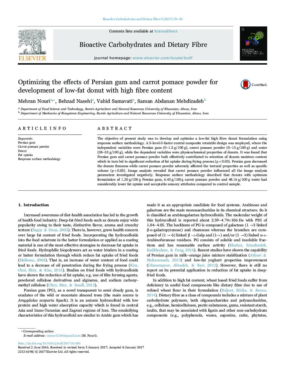 Optimizing the effects of Persian gum and carrot pomace powder for development of low-fat donut with high fibre content