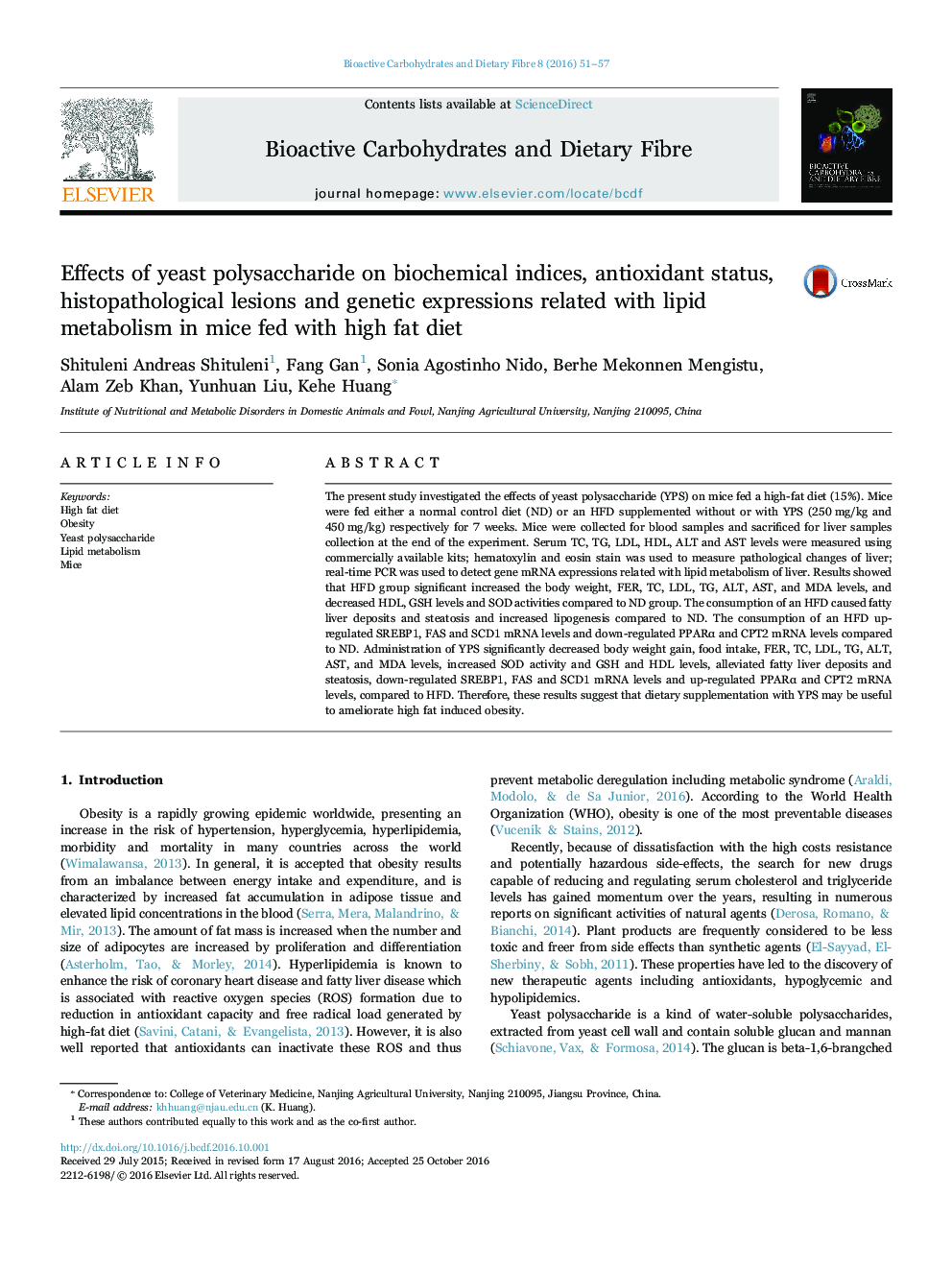 Effects of yeast polysaccharide on biochemical indices, antioxidant status, histopathological lesions and genetic expressions related with lipid metabolism in mice fed with high fat diet