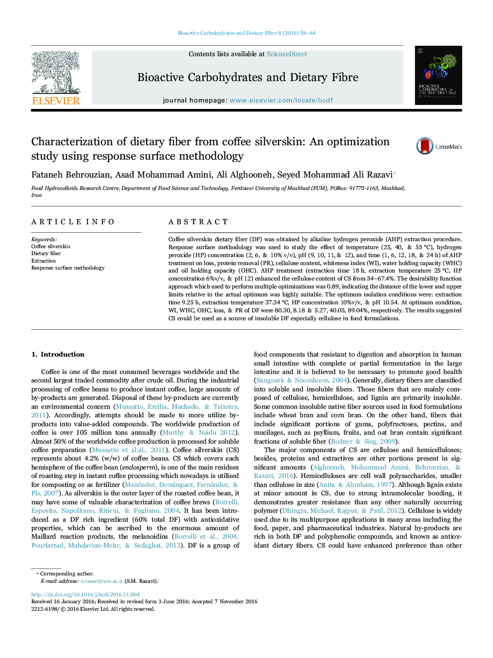 Characterization of dietary fiber from coffee silverskin: An optimization study using response surface methodology