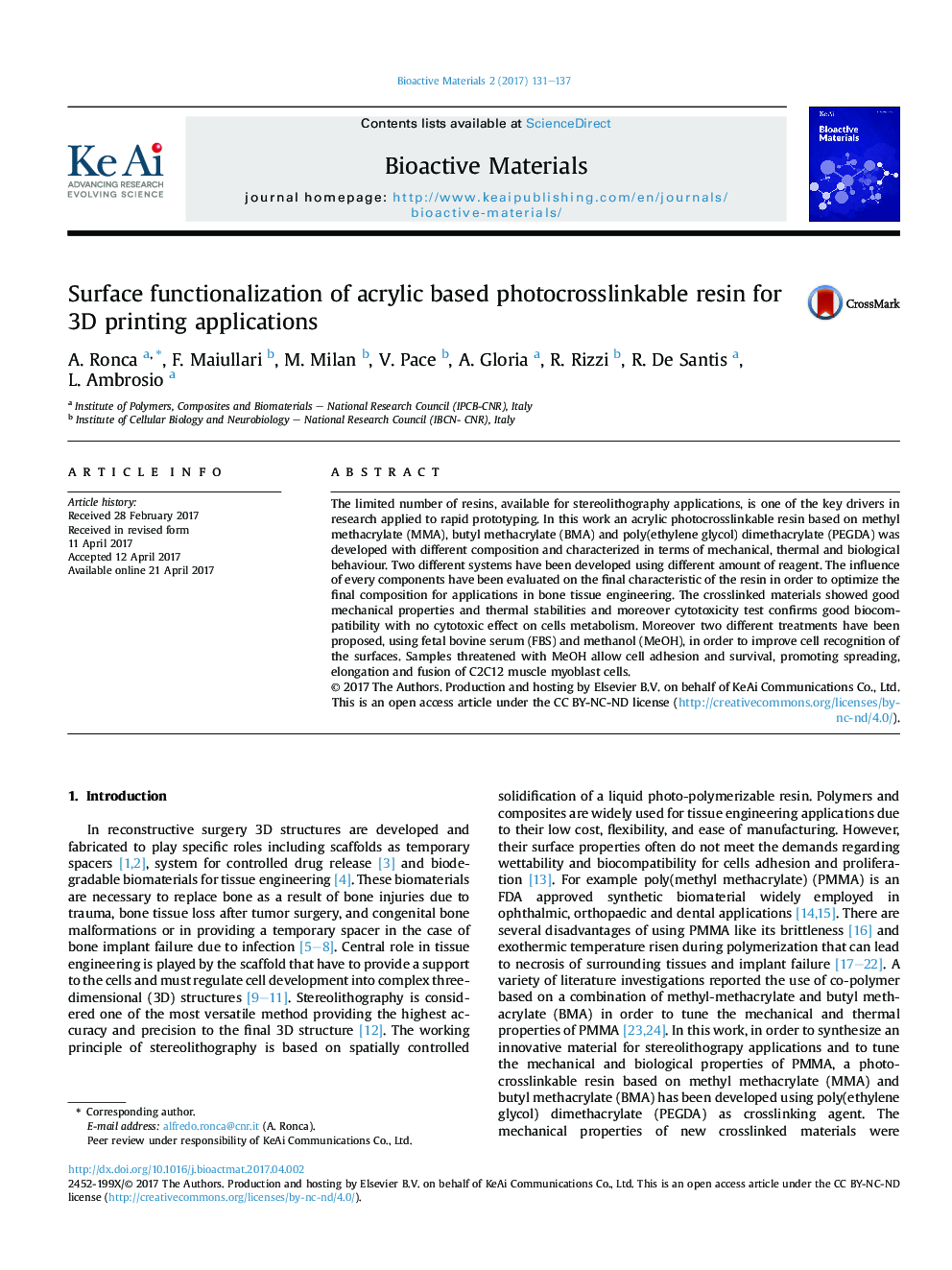 Surface functionalization of acrylic based photocrosslinkable resin for 3D printing applications