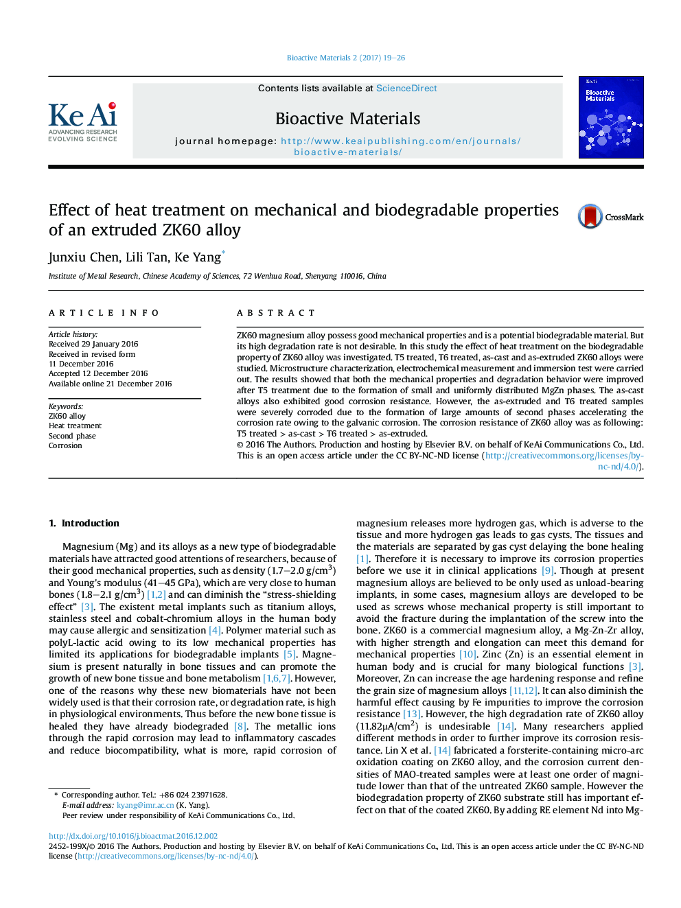 عکس صفحه اول مقاله: Effect of heat treatment on mechanical and biodegradable properties of an extruded ZK60 alloy Effect of heat treatment on mechanical and biodegradable properties of an extruded ZK60 alloy