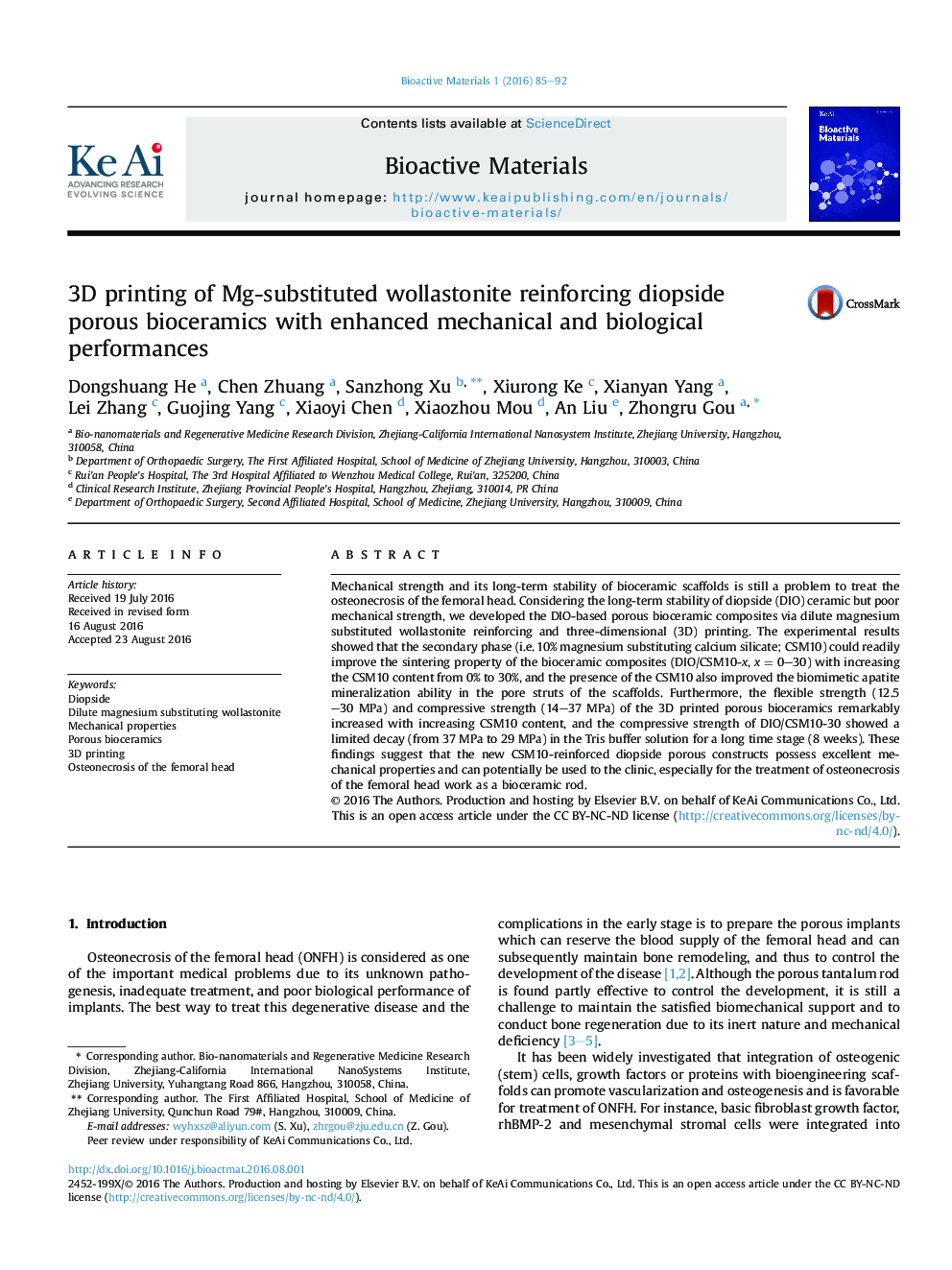 عکس صفحه اول مقاله: 3D printing of Mg-substituted wollastonite reinforcing diopside porous bioceramics with enhanced mechanical and biological performances 3D printing of Mg-substituted wollastonite reinforcing diopside porous bioceramics with enhanced mechanical and biological performances