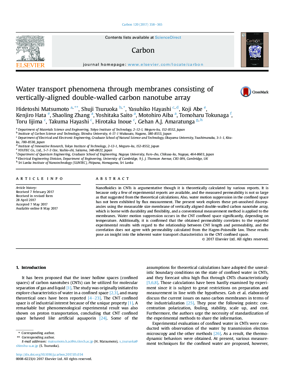 Water transport phenomena through membranes consisting of vertically-aligned double-walled carbon nanotube array