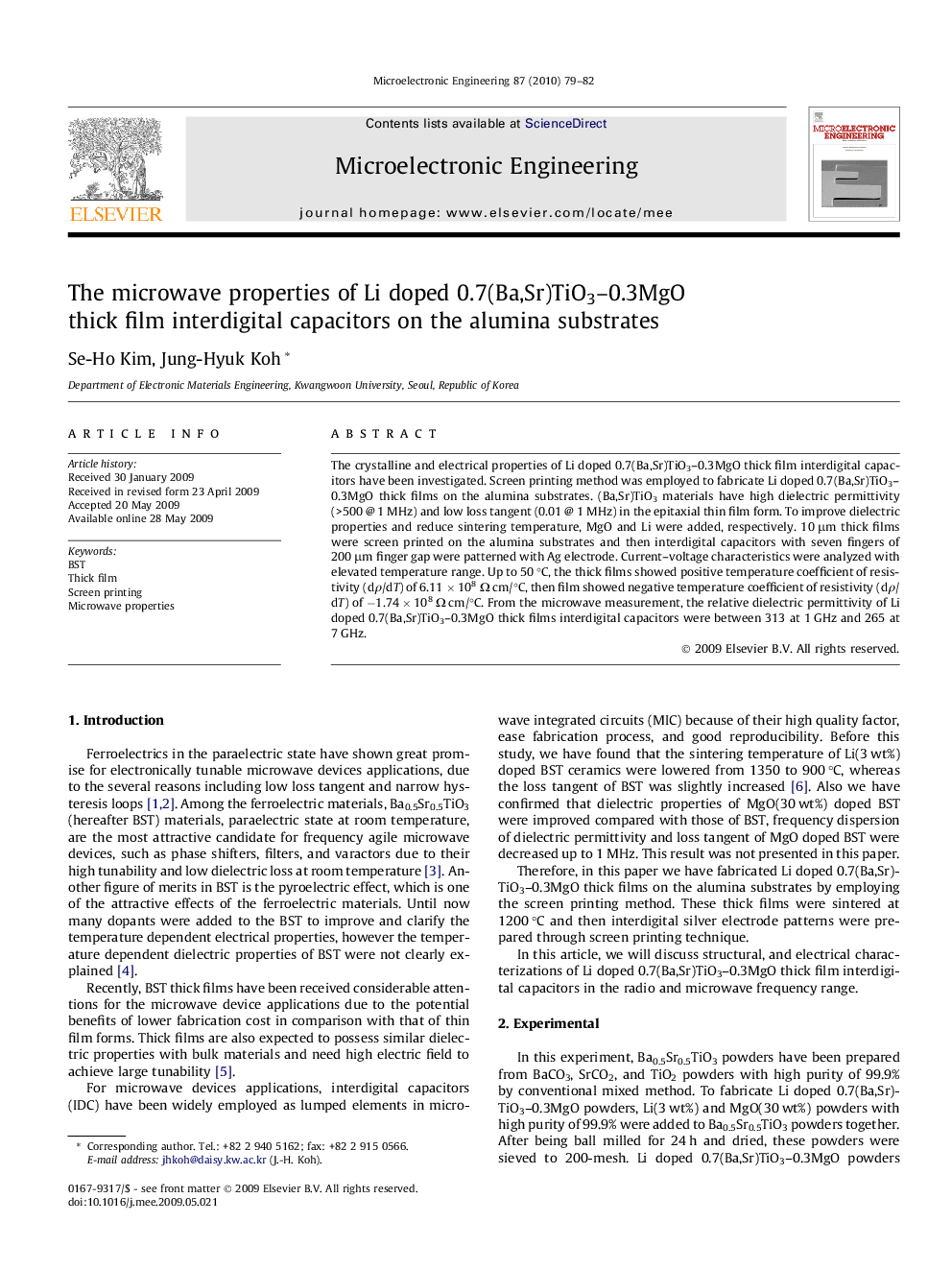 عکس صفحه اول مقاله: The microwave properties of Li doped 0.7(Ba,Sr)TiO3–0.3MgO thick film interdigital capacitors on the alumina substrates The microwave properties of Li doped 0.7(Ba,Sr)TiO3–0.3MgO thick film interdigital capacitors on the alumina substrates