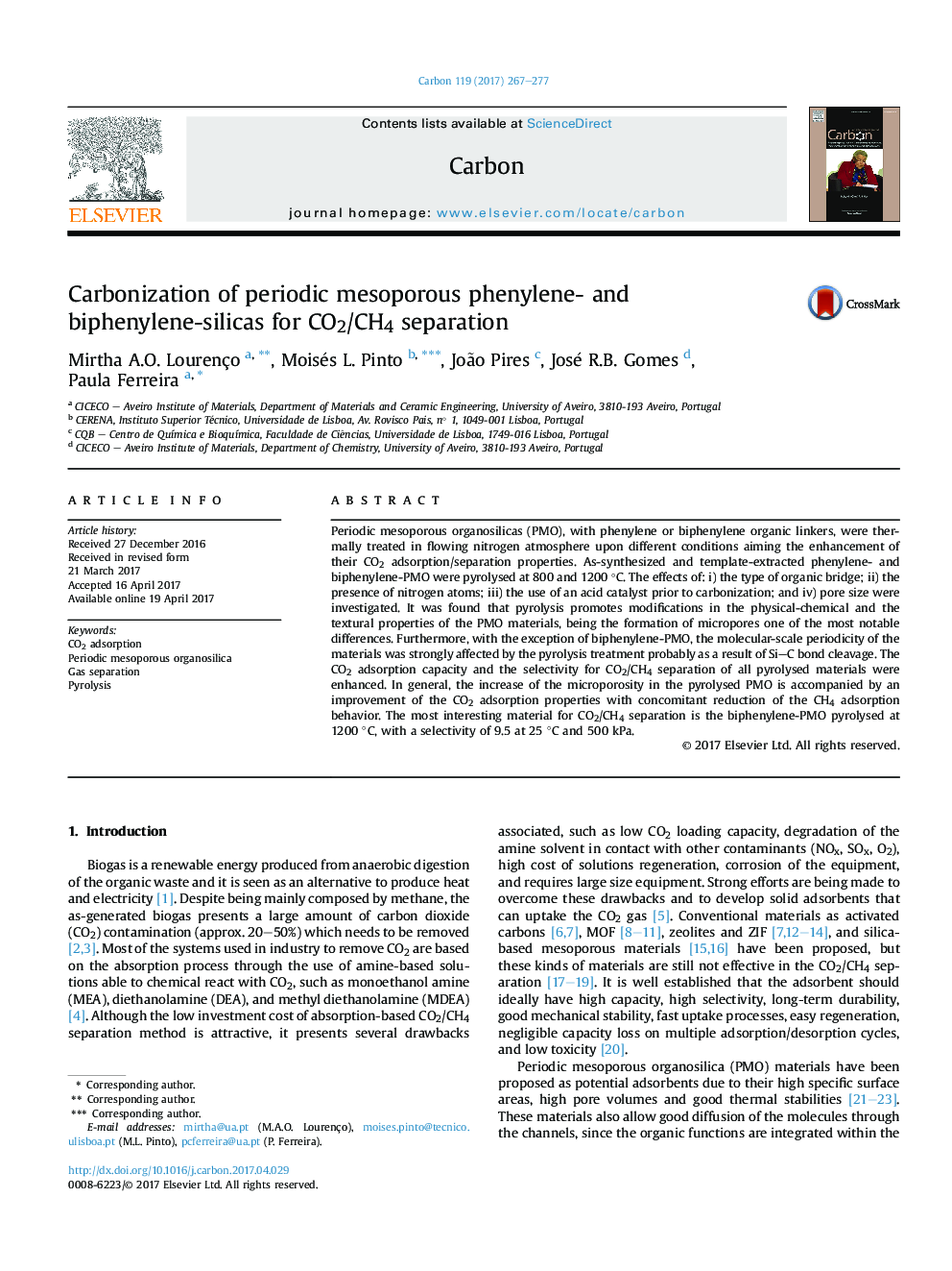 Carbonization of periodic mesoporous phenylene- and biphenylene-silicas for CO2/CH4 separation