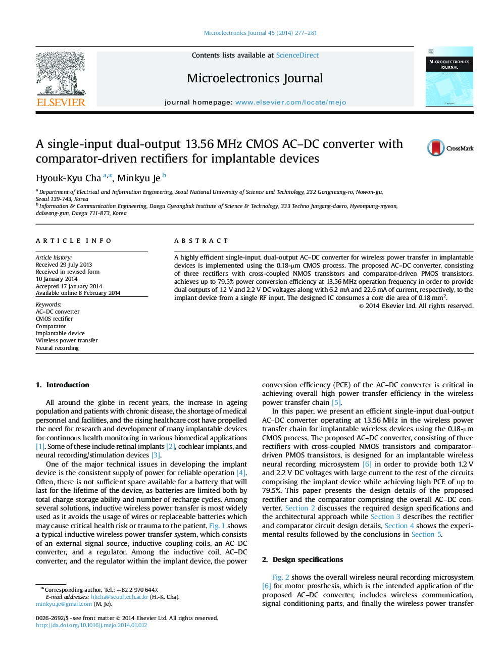 A single-input dual-output 13.56 MHz CMOS AC–DC converter with comparator-driven rectifiers for implantable devices