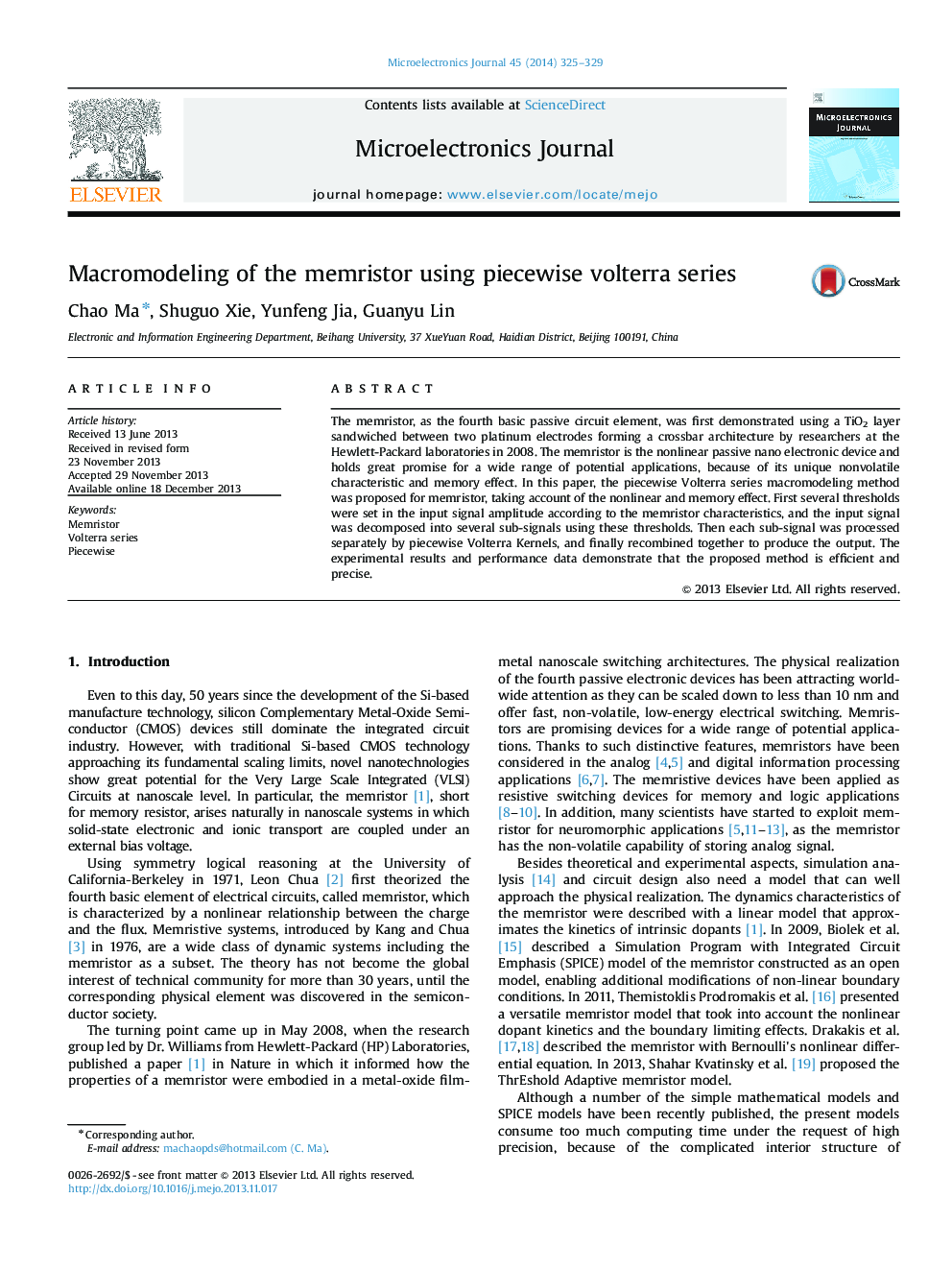عکس صفحه اول مقاله: Macromodeling of the memristor using piecewise volterra series Macromodeling of the memristor using piecewise volterra series