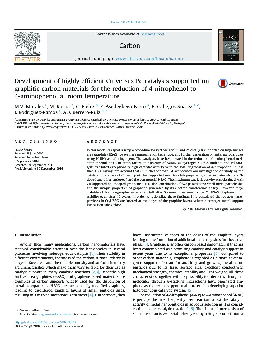 Development of highly efficient Cu versus Pd catalysts supported on graphitic carbon materials for the reduction of 4-nitrophenol to 4-aminophenol at room temperature
