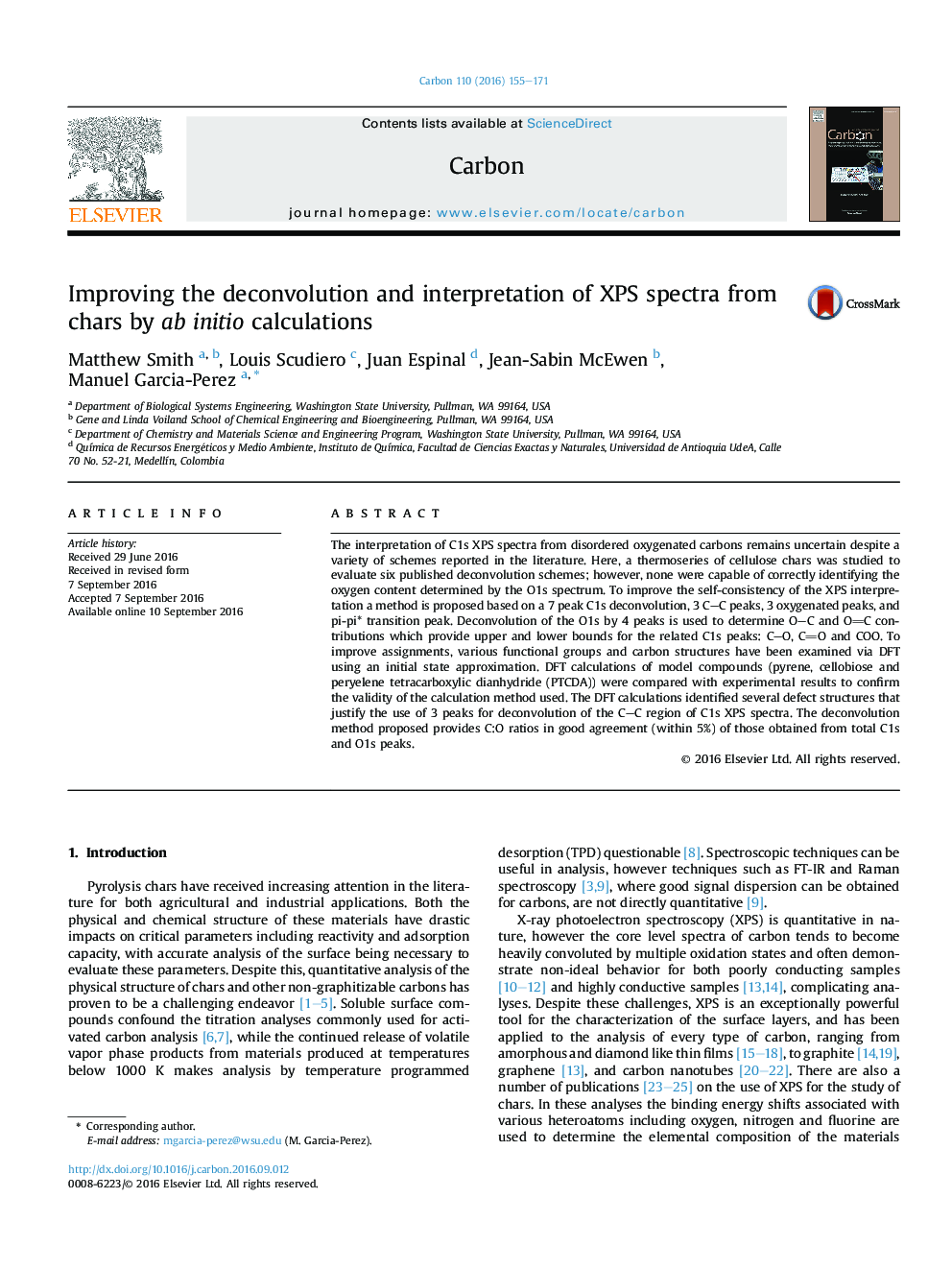 عکس صفحه اول مقاله: Improving the deconvolution and interpretation of XPS spectra from chars by ab initio calculations Improving the deconvolution and interpretation of XPS spectra from chars by ab initio calculations