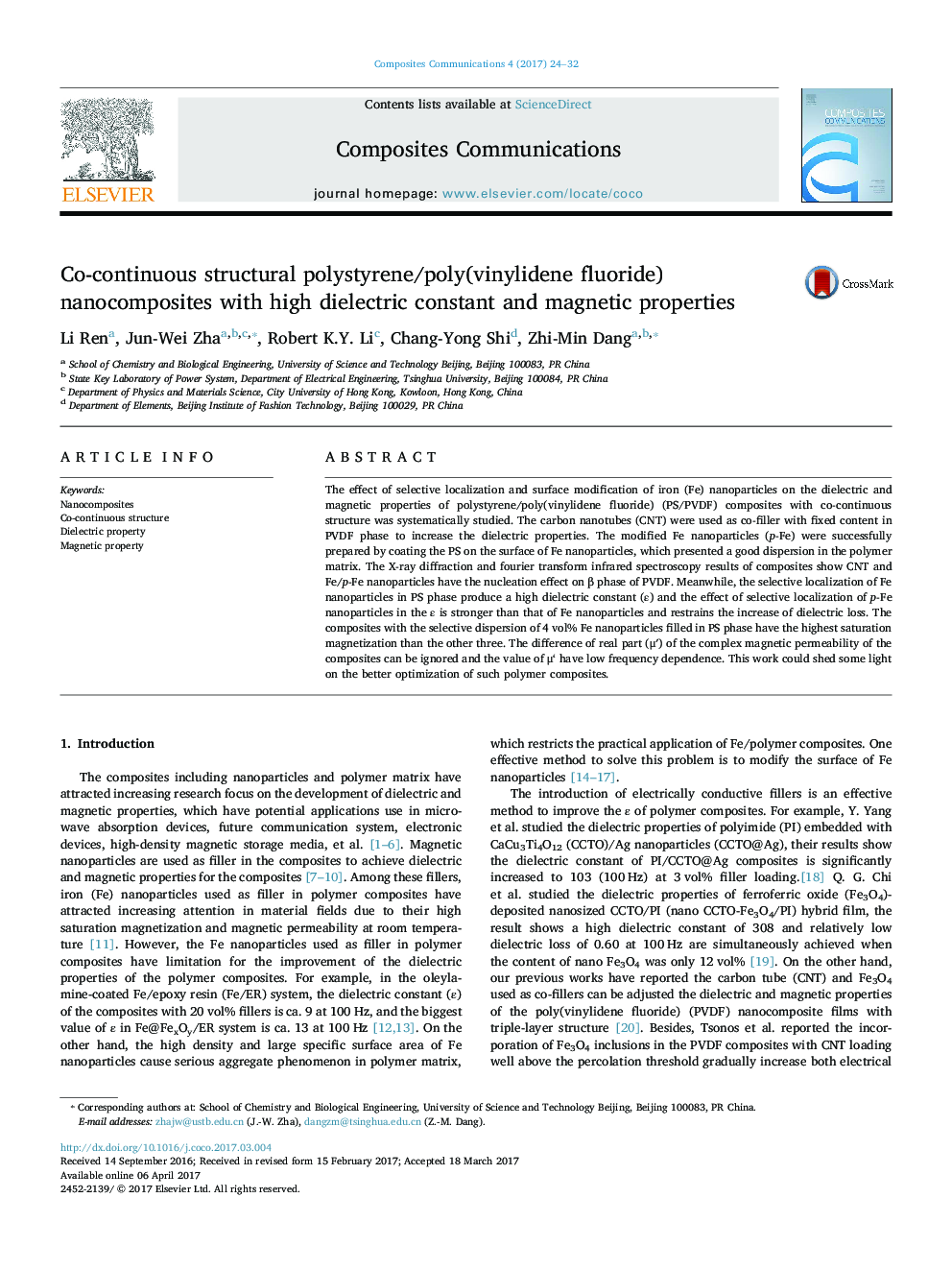 Co-continuous structural polystyrene/poly(vinylidene fluoride) nanocomposites with high dielectric constant and magnetic properties