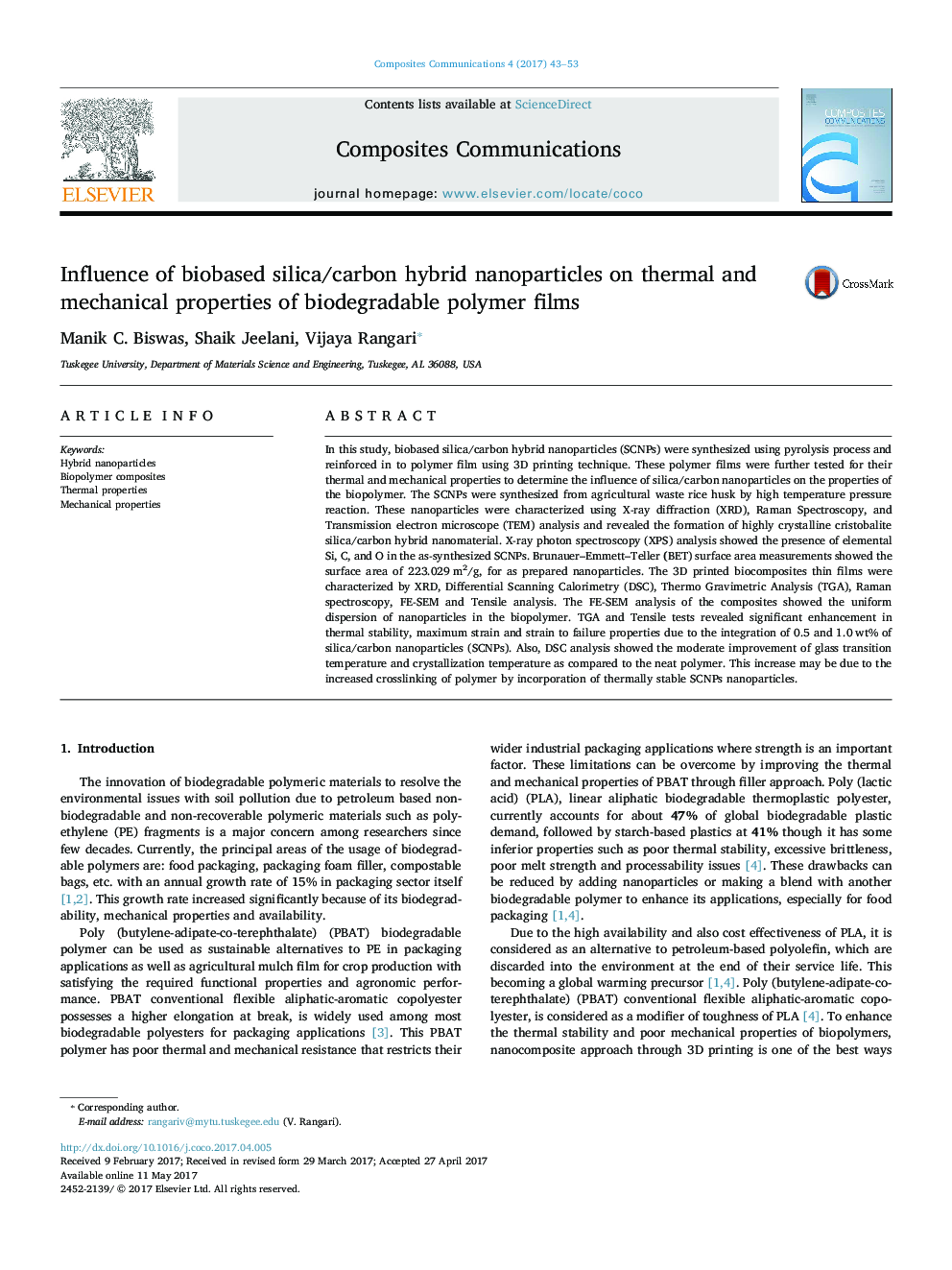 Influence of biobased silica/carbon hybrid nanoparticles on thermal and mechanical properties of biodegradable polymer films