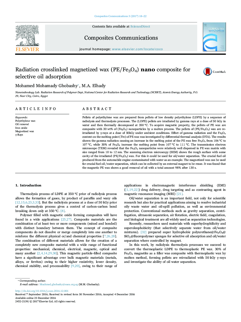 Radiation crosslinked magnetized wax (PE/Fe3O4) nano composite for selective oil adsorption