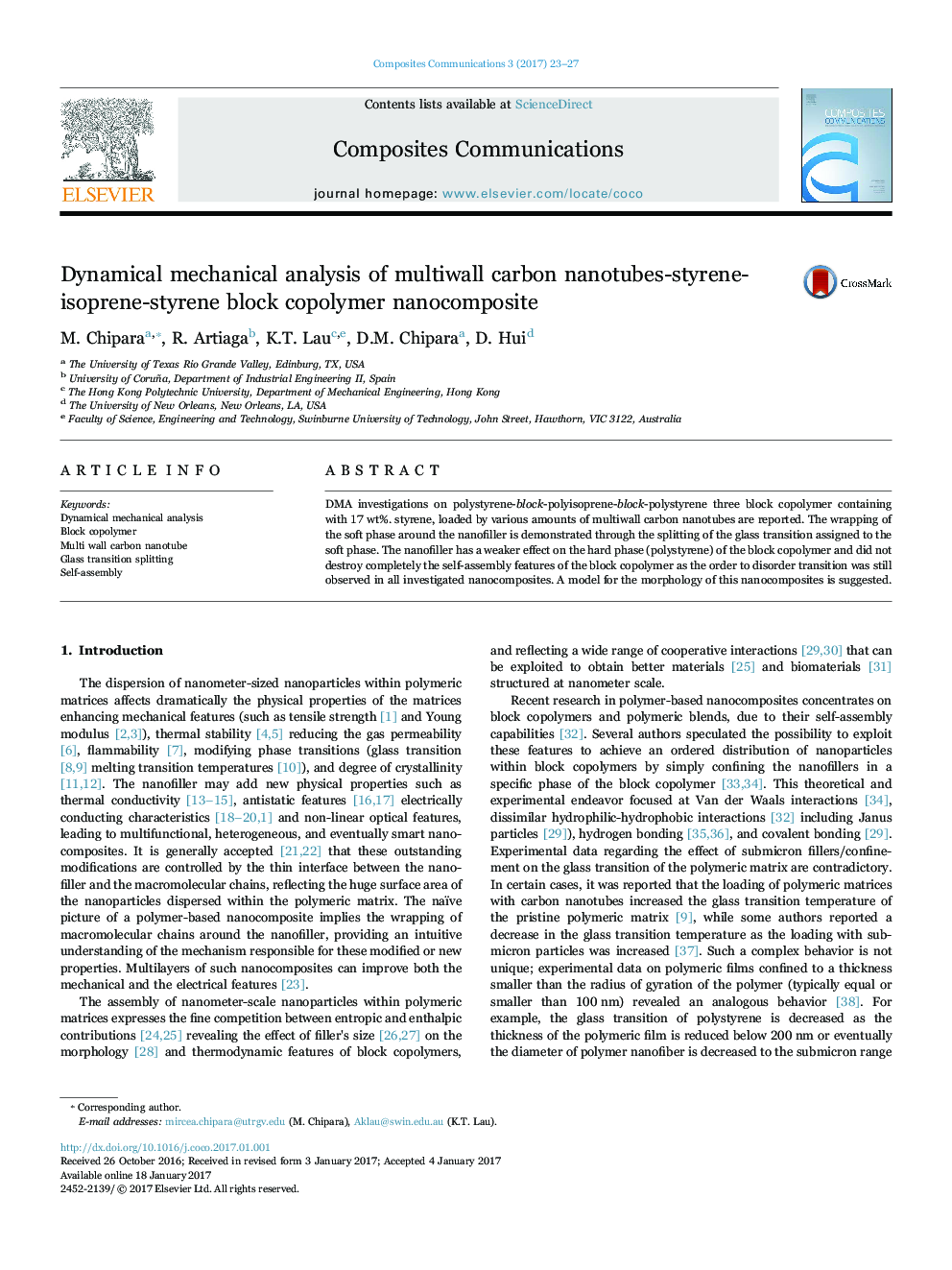 Dynamical mechanical analysis of multiwall carbon nanotubes-styrene-isoprene-styrene block copolymer nanocomposite