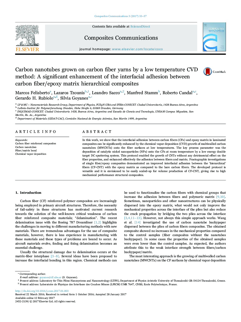 Carbon nanotubes grown on carbon fiber yarns by a low temperature CVD method: A significant enhancement of the interfacial adhesion between carbon fiber/epoxy matrix hierarchical composites