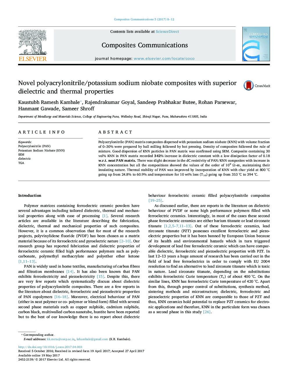 Novel polyacrylonitrile/potassium sodium niobate composites with superior dielectric and thermal properties