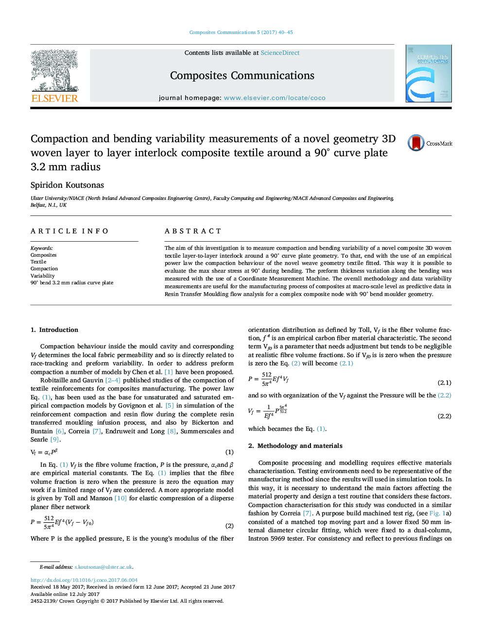 Compaction and bending variability measurements of a novel geometry 3D woven layer to layer interlock composite textile around a 90Â° curve plate 3.2 mm radius