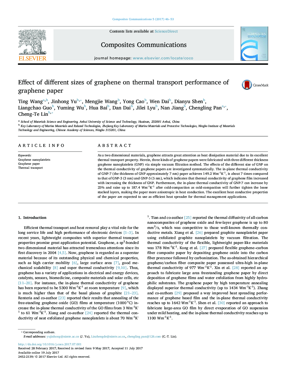 Effect of different sizes of graphene on thermal transport performance of graphene paper