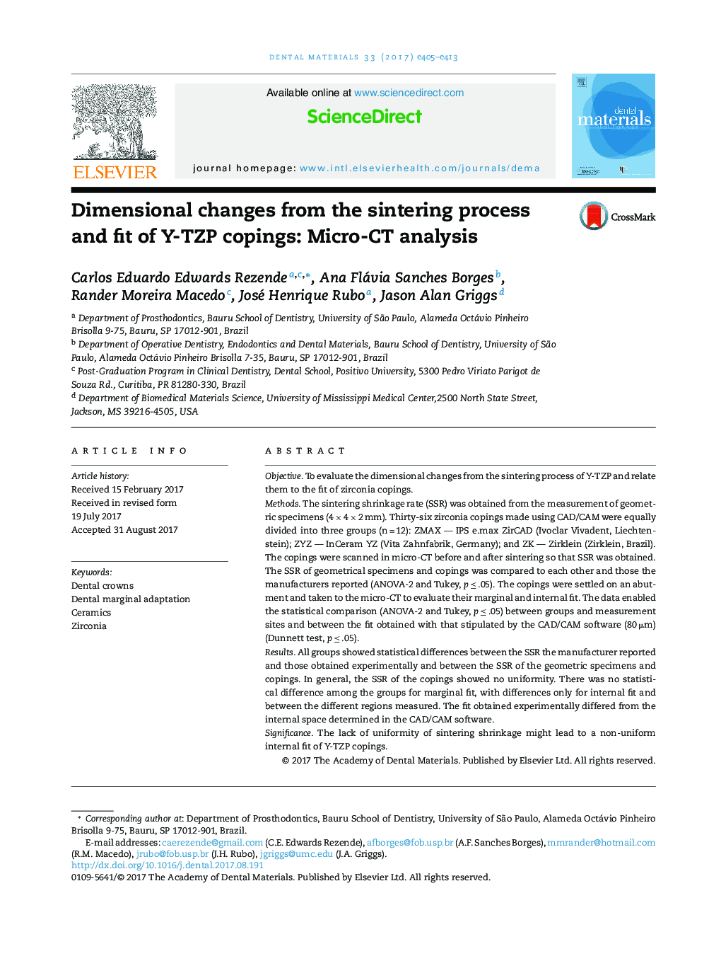 Dimensional changes from the sintering process and fit of Y-TZP copings: Micro-CT analysis