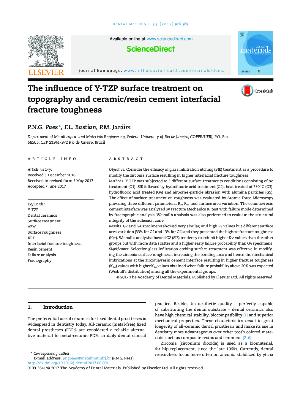 The influence of Y-TZP surface treatment on topography and ceramic/resin cement interfacial fracture toughness