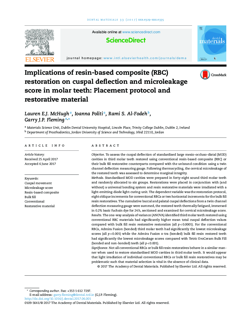 Implications of resin-based composite (RBC) restoration on cuspal deflection and microleakage score in molar teeth: Placement protocol and restorative material