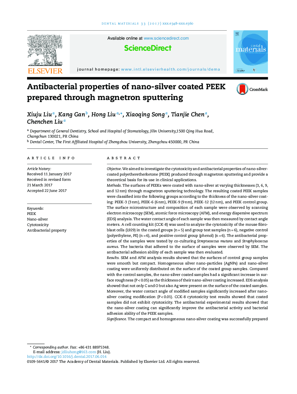 Antibacterial properties of nano-silver coated PEEK prepared through magnetron sputtering