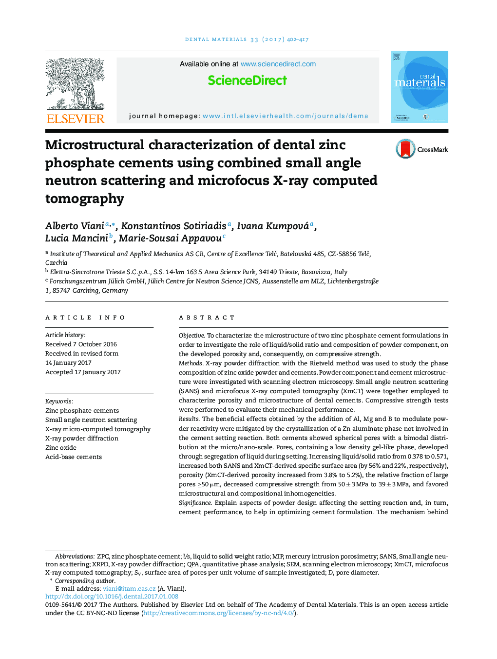 Microstructural characterization of dental zinc phosphate cements using combined small angle neutron scattering and microfocus X-ray computed tomography