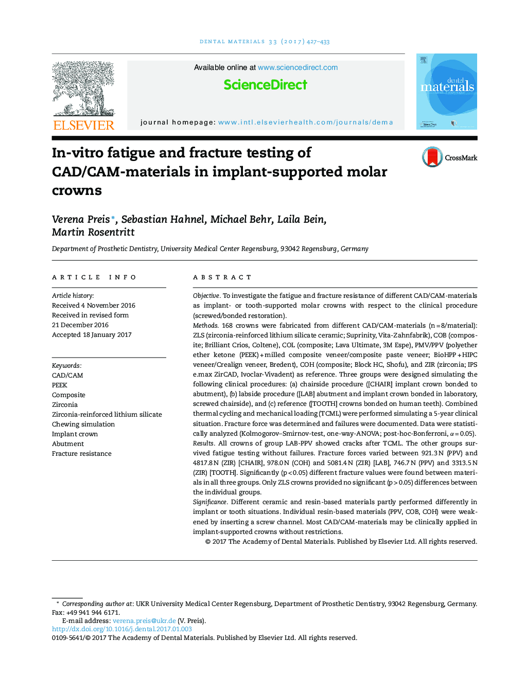 In-vitro fatigue and fracture testing of CAD/CAM-materials in implant-supported molar crowns