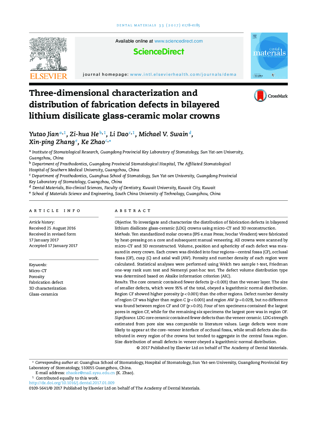 Three-dimensional characterization and distribution of fabrication defects in bilayered lithium disilicate glass-ceramic molar crowns