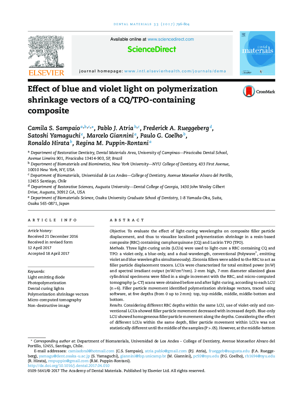 Effect of blue and violet light on polymerization shrinkage vectors of a CQ/TPO-containing composite