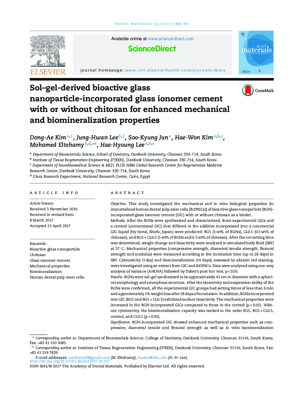 Sol-gel-derived bioactive glass nanoparticle-incorporated glass ionomer cement with or without chitosan for enhanced mechanical and biomineralization properties