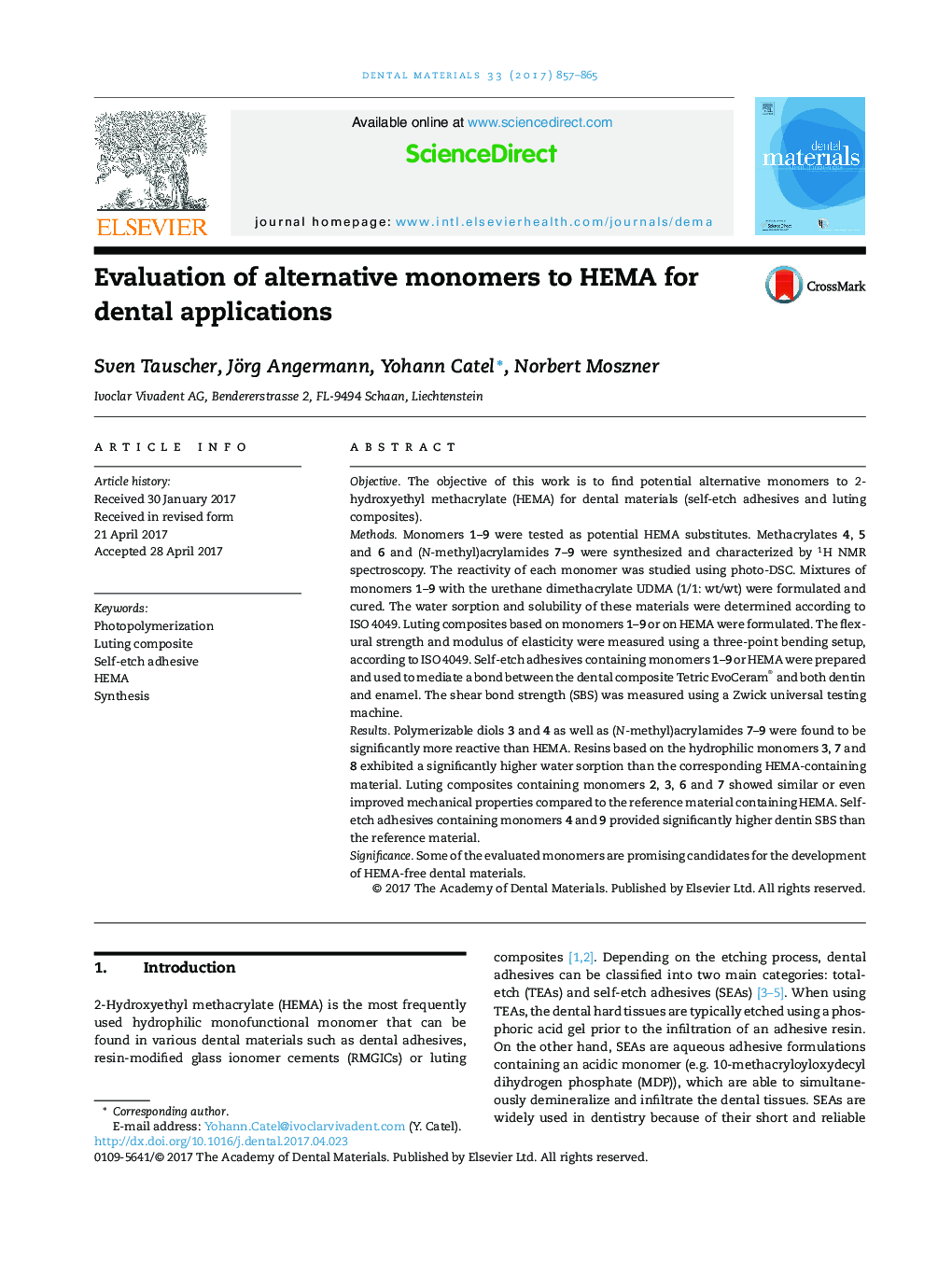 Evaluation of alternative monomers to HEMA for dental applications