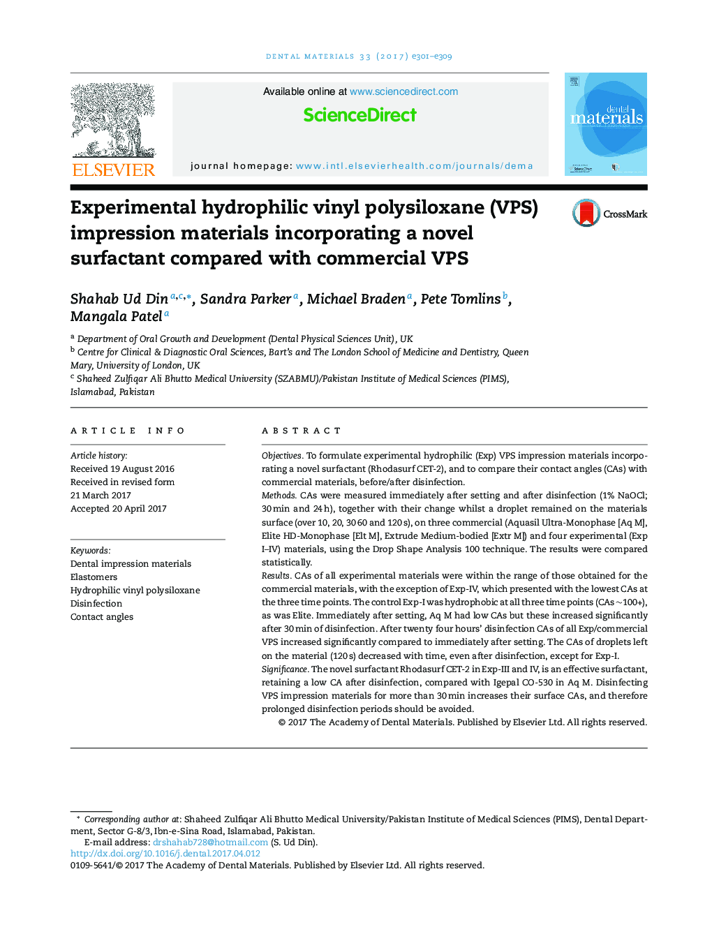 Experimental hydrophilic vinyl polysiloxane (VPS) impression materials incorporating a novel surfactant compared with commercial VPS