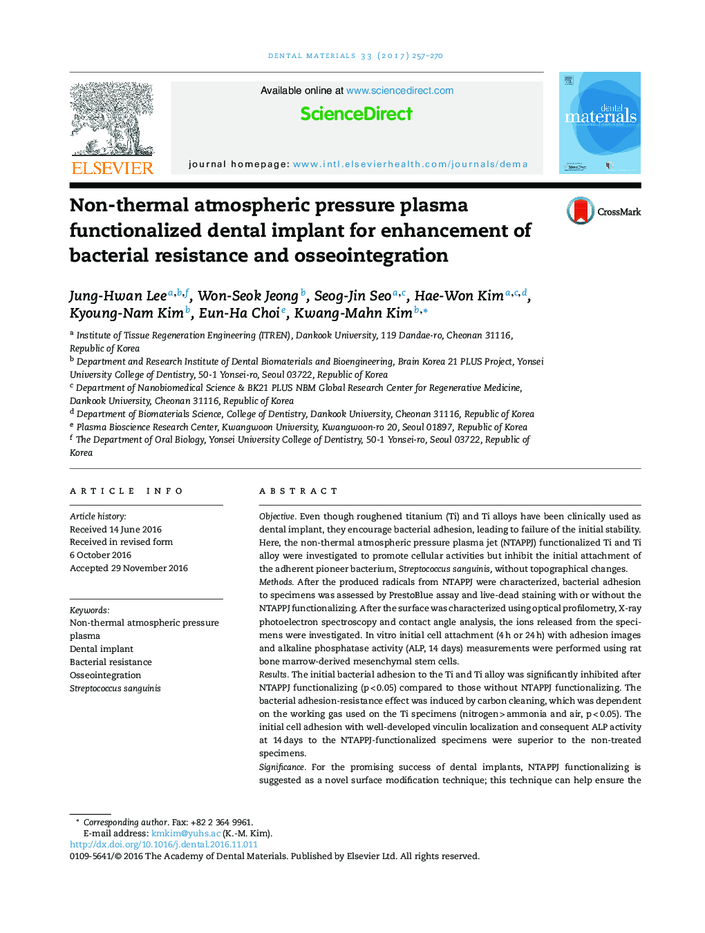 Non-thermal atmospheric pressure plasma functionalized dental implant for enhancement of bacterial resistance and osseointegration