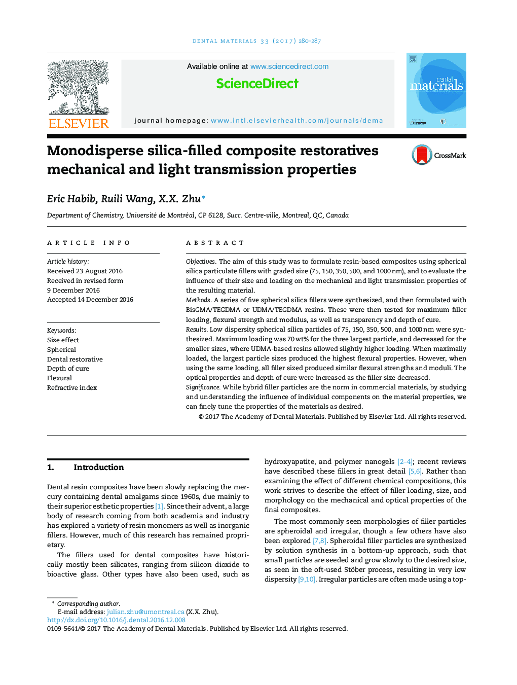 Monodisperse silica-filled composite restoratives mechanical and light transmission properties