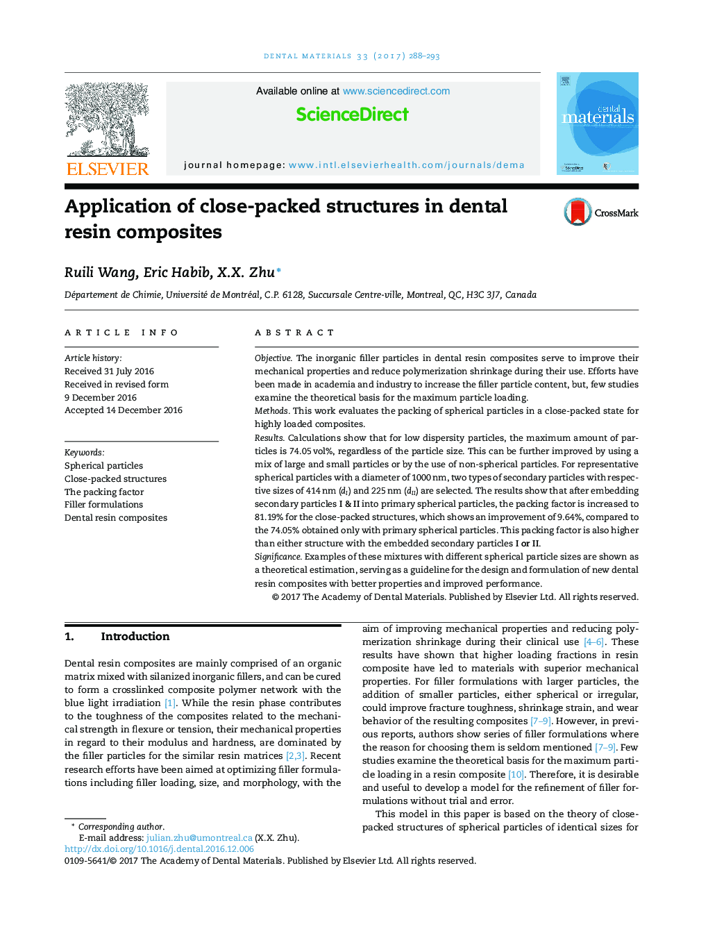 Application of close-packed structures in dental resin composites