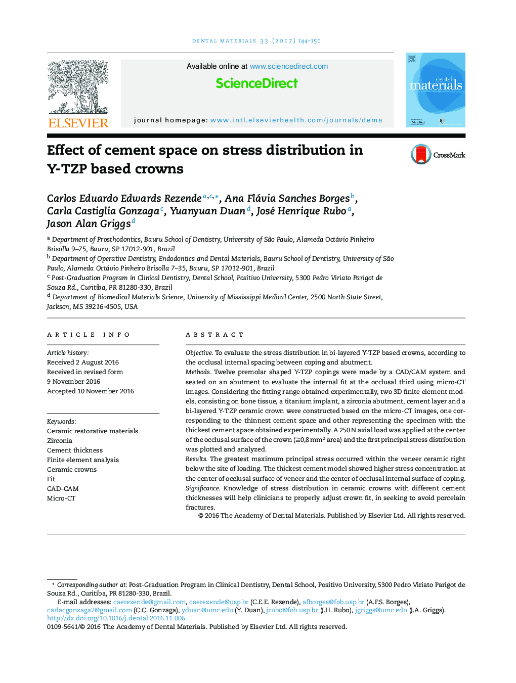 Effect of cement space on stress distribution in Y-TZP based crowns