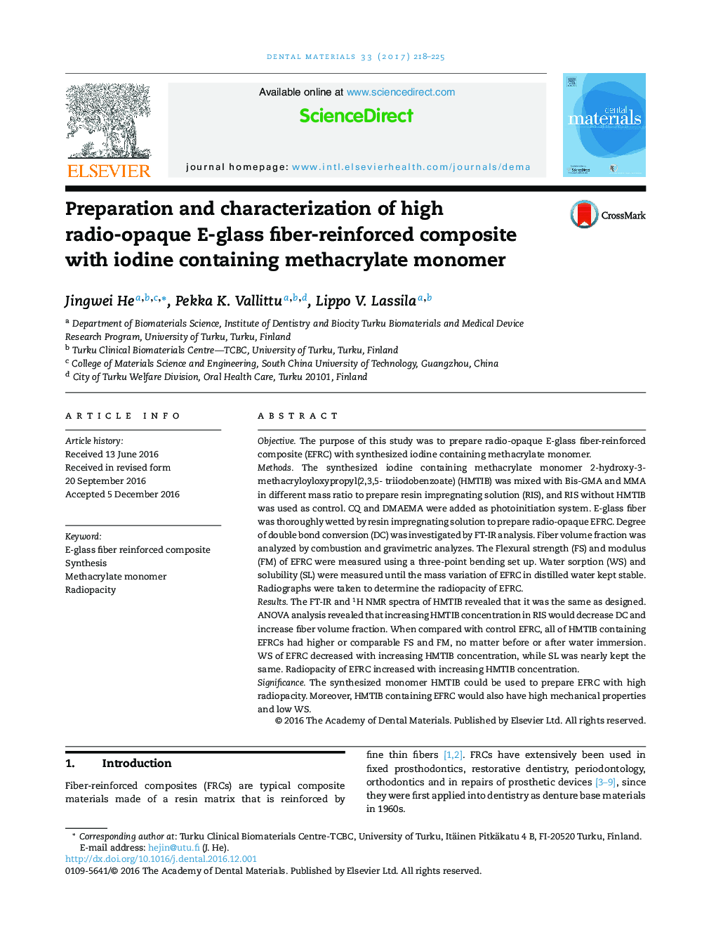 Preparation and characterization of high radio-opaque E-glass fiber-reinforced composite with iodine containing methacrylate monomer