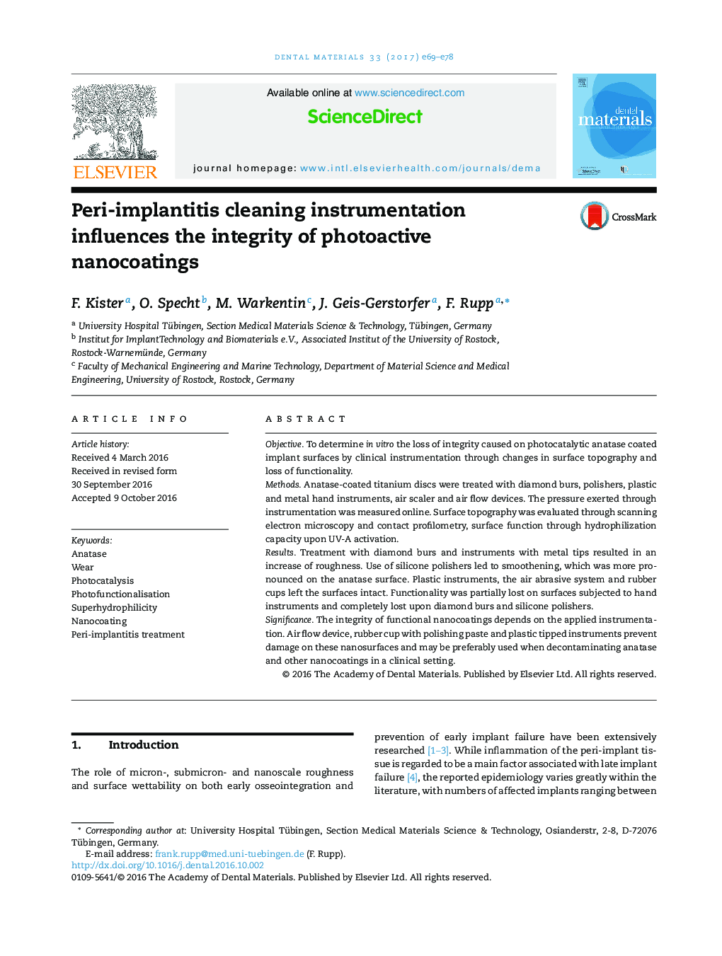 Peri-implantitis cleaning instrumentation influences the integrity of photoactive nanocoatings