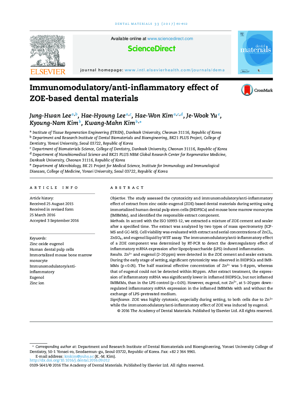 Immunomodulatory/anti-inflammatory effect of ZOE-based dental materials