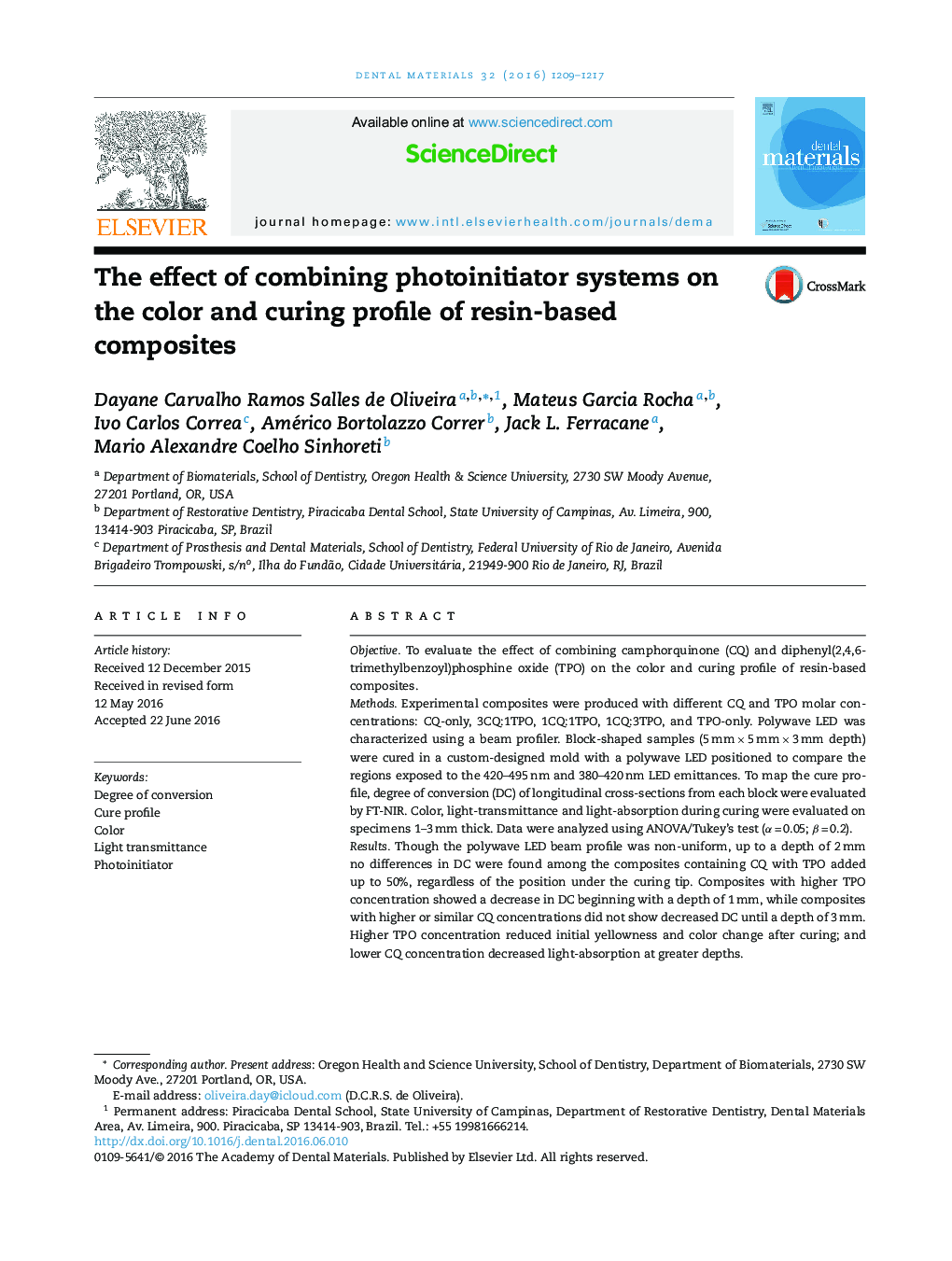 The effect of combining photoinitiator systems on the color and curing profile of resin-based composites
