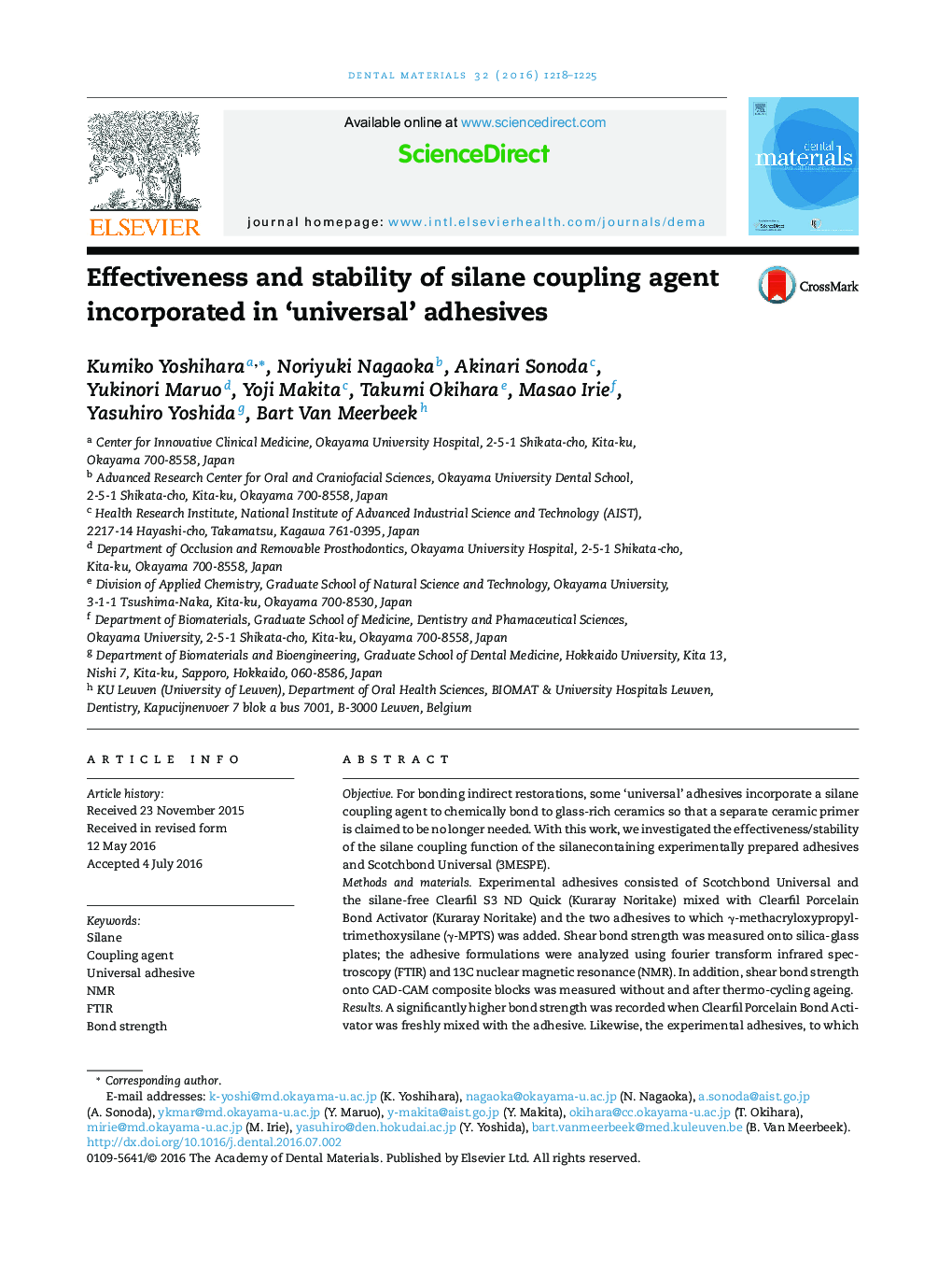 Effectiveness and stability of silane coupling agent incorporated in 'universal' adhesives