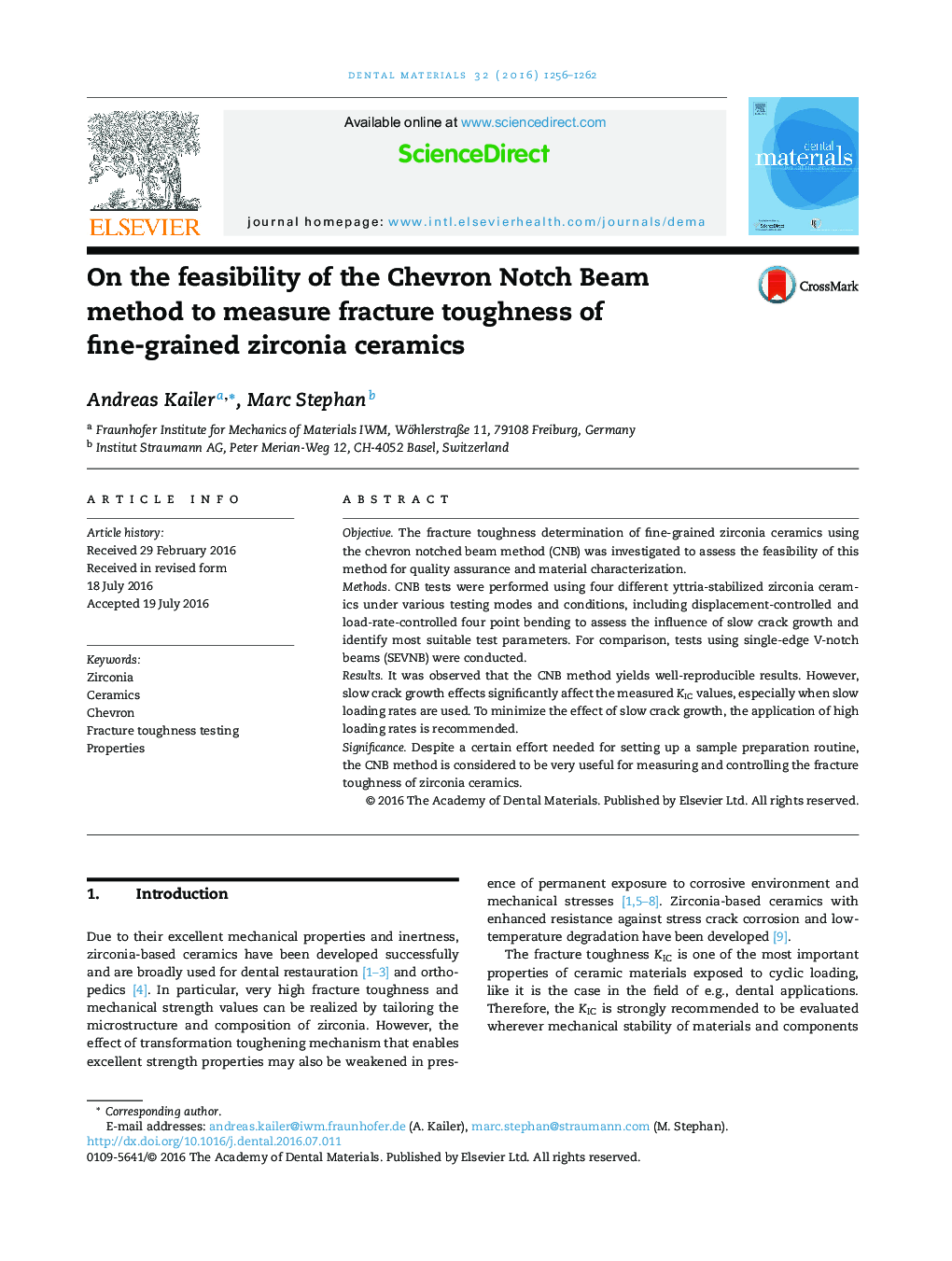 On the feasibility of the Chevron Notch Beam method to measure fracture toughness of fine-grained zirconia ceramics