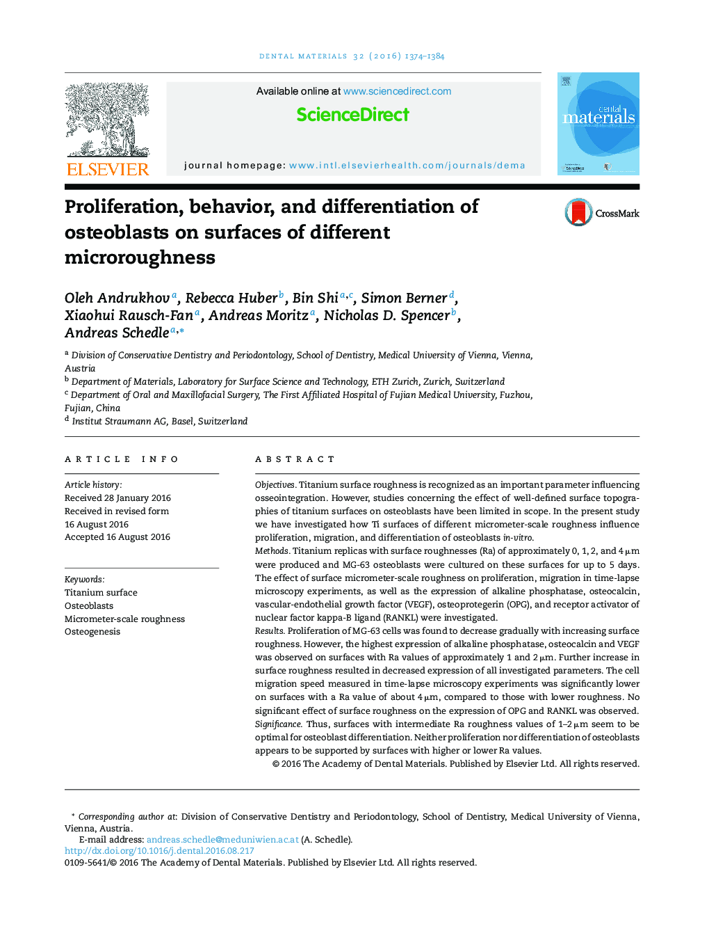 Proliferation, behavior, and differentiation of osteoblasts on surfaces of different microroughness