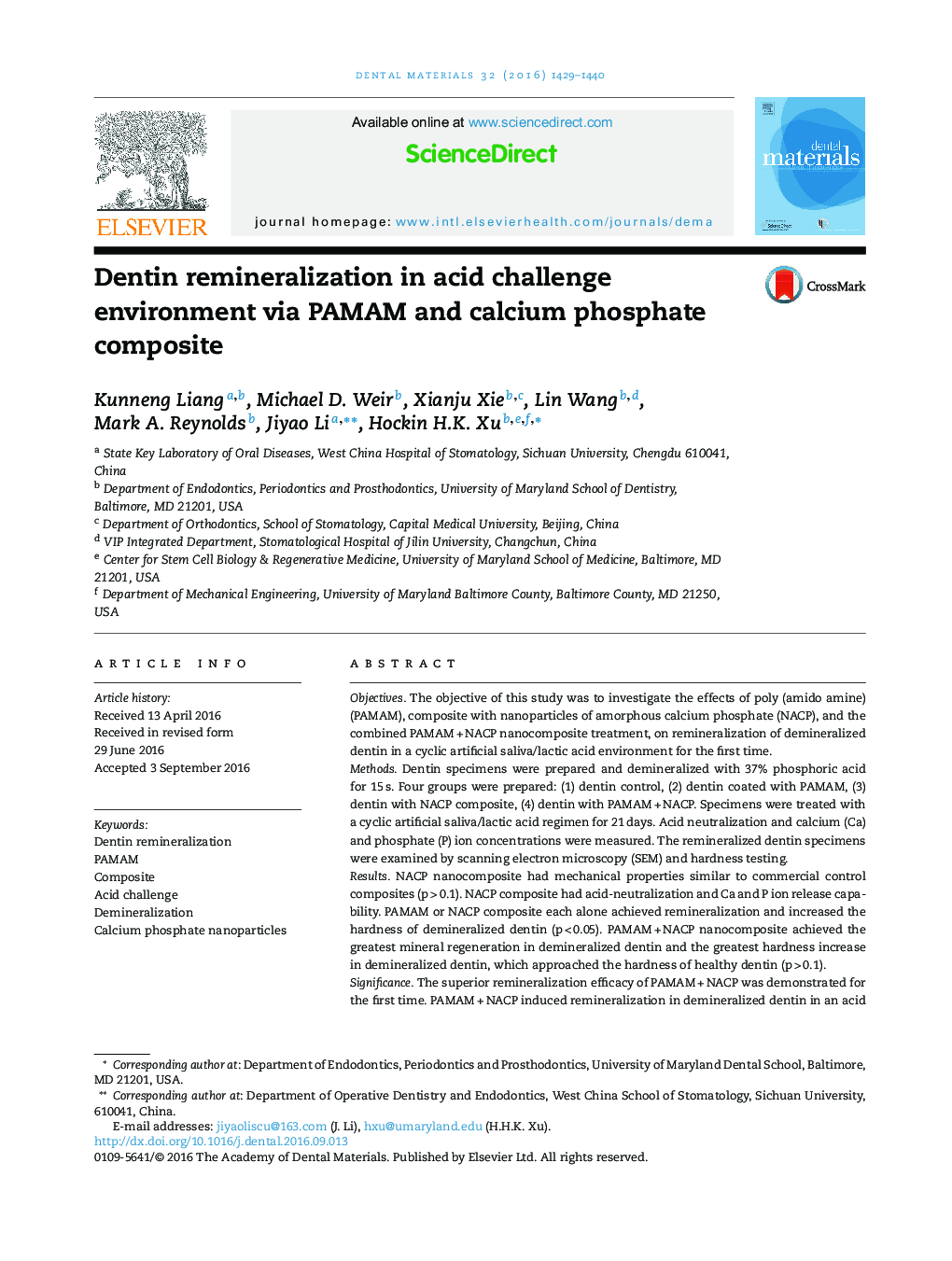 Dentin remineralization in acid challenge environment via PAMAM and calcium phosphate composite