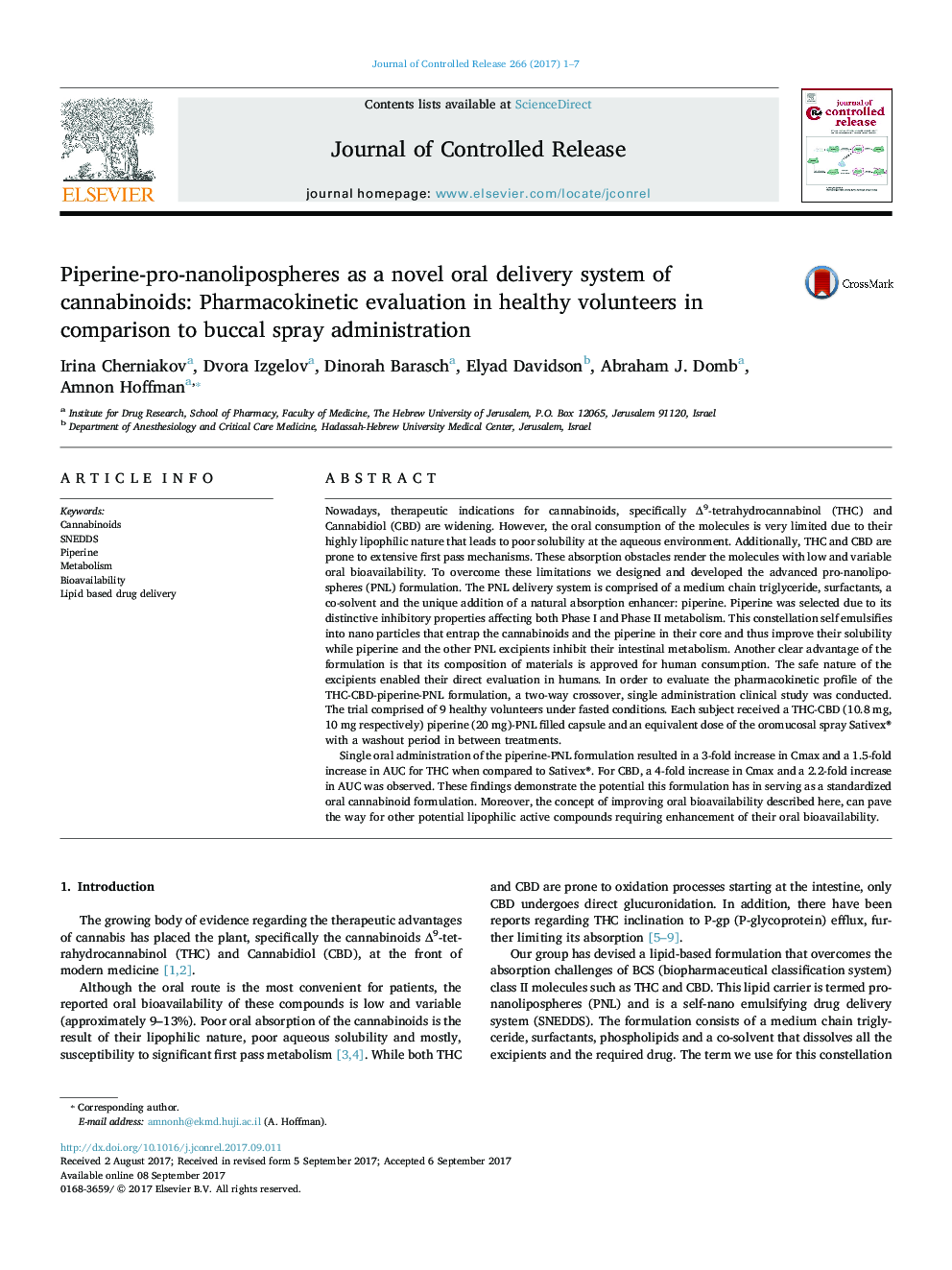 Piperine-pro-nanolipospheres as a novel oral delivery system of cannabinoids: Pharmacokinetic evaluation in healthy volunteers in comparison to buccal spray administration