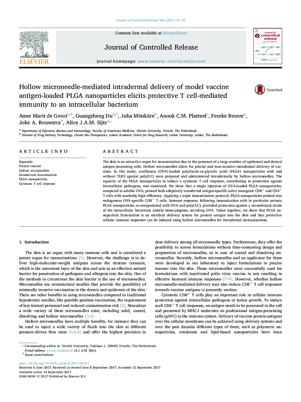 Hollow microneedle-mediated intradermal delivery of model vaccine antigen-loaded PLGA nanoparticles elicits protective T cell-mediated immunity to an intracellular bacterium