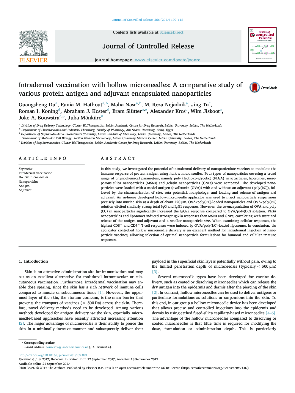 Intradermal vaccination with hollow microneedles: A comparative study of various protein antigen and adjuvant encapsulated nanoparticles